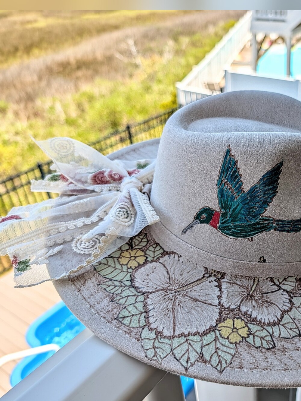 Hand Burned Boho Cowgirl Hummingbird Floral Wide-Brim Soft Cowboy Hat